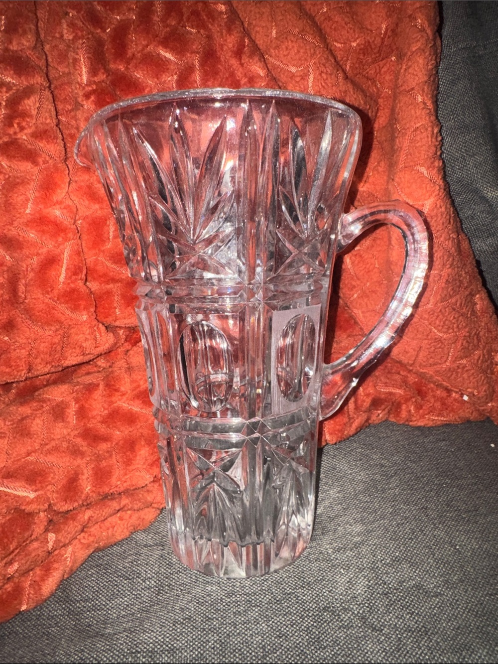 VINTAGE Heavy Cut Crystal Glass Pitcher Gorgeous Starburst & Panel Pattern Barwa